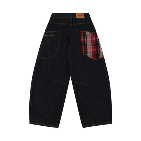 Scottish Plaid Splicing Arc Wide Baggy Jeans