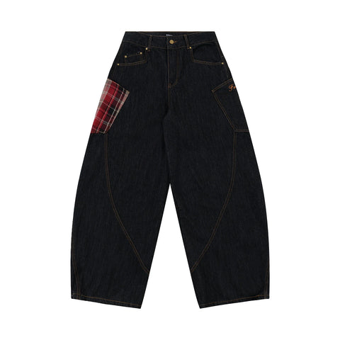 Scottish Plaid Splicing Arc Wide Baggy Jeans