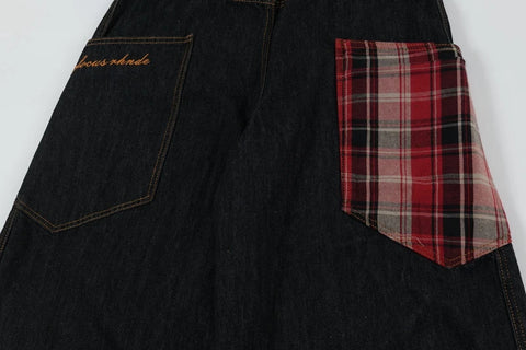 Scottish Plaid Splicing Arc Wide Baggy Jeans