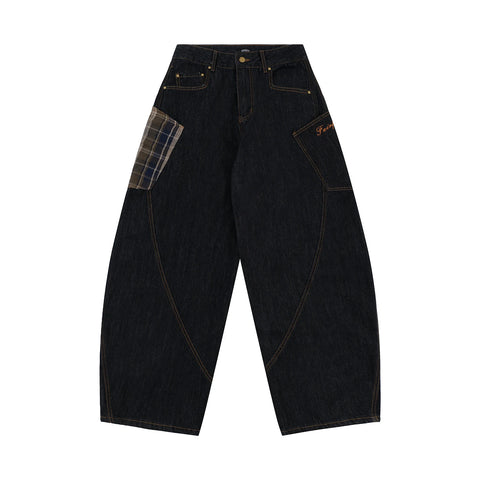 Scottish Plaid Splicing Arc Wide Baggy Jeans